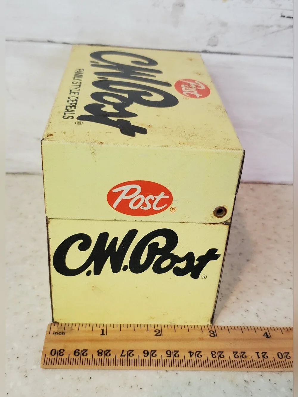 Vintage C.W. Post Family Style Cereals Metal Recipe Box MCM Kitchen Tin w/ Recip